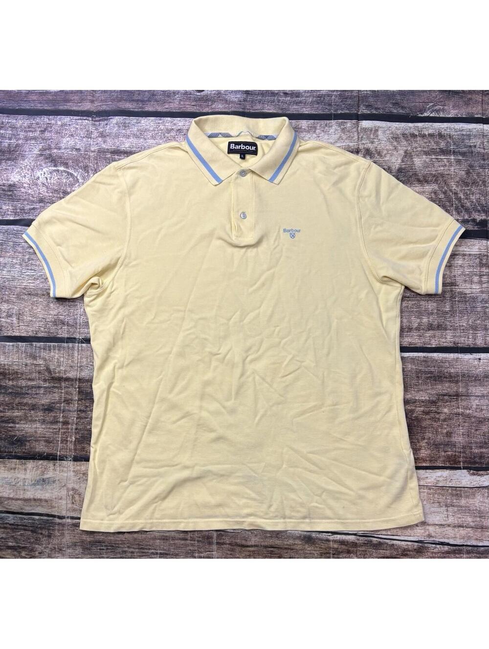Barbour Polo Shirt Mens XL Cotton Stretch Yellow Blue Trim Short Sleeve